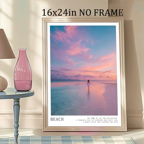 Pink and Blue Coastal Wall Art Cute Preppy Summer Pictures Aesthetic Summer Posters Trendy Beach Pictures Blue Ocean Painting Coastal Cowgirl Artwork Pink Sky Poster for Home Room 16x24inch Frameless - color: C4Unframed