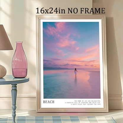 Pink and Blue Coastal Wall Art Cute Preppy Summer Pictures Aesthetic Summer Posters Trendy Beach Pictures Blue Ocean Painting Coastal Cowgirl Artwork Pink Sky Poster for Home Room 16x24inch Frameless - color: C4Unframed