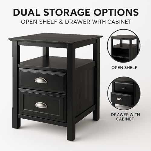 Ergode Timber Nightstand - Versatile & Stylish Bedroom Storage with Drawer & Shelf - Black Finish - Elegant Design - Easy Assembly - 20" W x 20" D x 25" H