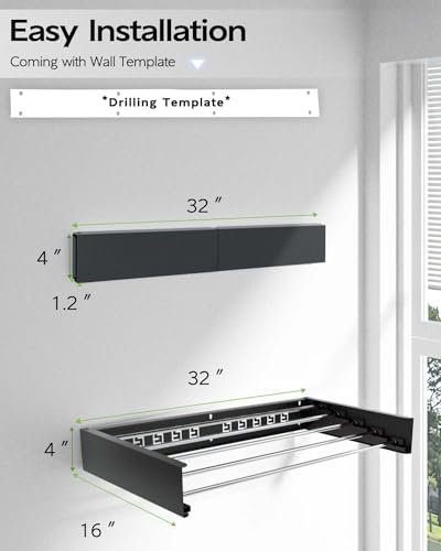 Vikaqi Wall Mounted Clothes Drying Rack 32", Foldable Wall Mount Laundry Rack Folding Indoor, Drying Rack Clothing Collapsible, Hidden Space Saver with Wall Template, 5 Rods, Black - color: Black, size: 32" Wide