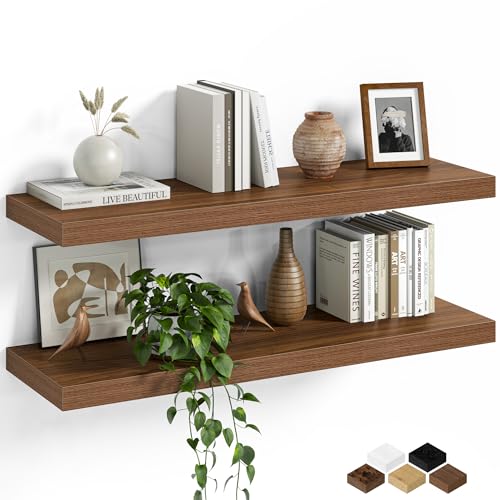 Fun Memories Floating Shelves for Wall, 30 Inch Set of 2 Rustic Wood Wall Shelves with Invisible Brackets, Heavy Duty Storage Display for Living Room Bedroom Kitchen, Walnut - color: Walnut Brown, size: 30"W x 6.5"D, Set of 2