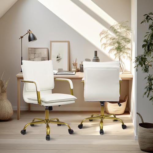 CLATINA Leather Home Office Desk Chair, Swivel Mid-Back Computer Chair with Golden Legs and Arms, Comfy Upholstered Task Chair with Wheels, White - color: White