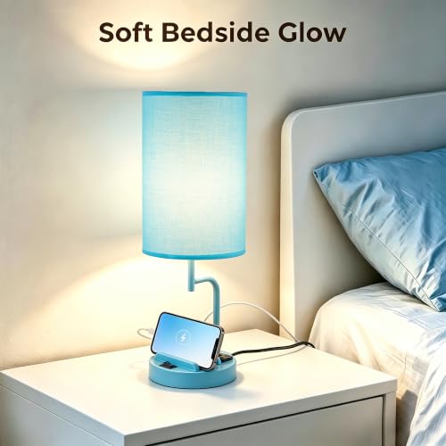Dreamholder 2 Pack Table Lamp, Bedside Lamp with 3 USB Charging Ports & AC Outlet, USB Desk Lamp with 2 Phone Holders, Linen Fabric Shade Nightstand Lamps for Bedroom Living Room Office, Lake Blue - color: Lake Blue