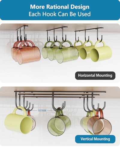 3 Pack Mug Hooks Under Cabinet with 9 Hooks for Displaying Mugs, Black | Coffee Mug Holder for Hanging Under Shelf, Cup Hanger, Coffee Cups and Kitchen Utensils - color: Black