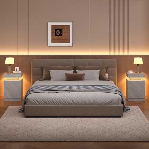 Nightstands Set 2, 15 Inches LED Night Stand Set of 2, Modern Bedside Table with LED Lights, High Gloss Surface, End Table with Storage for Bedroom, Grey - color: Grey-15"
