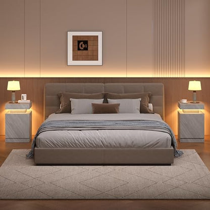Nightstands Set 2, 15 Inches LED Night Stand Set of 2, Modern Bedside Table with LED Lights, High Gloss Surface, End Table with Storage for Bedroom, Grey - color: Grey-15"