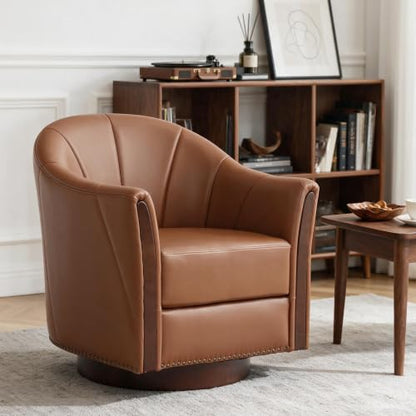 360° Swivel Accent Chair, Faux Leather Swivel Barrel Chairs | Nailhead Trim & Wood Base, Round Armchair Club Chair, Modern Reading Chairs for Living Room (BX01, Wood Brown) - color: Wood Brown