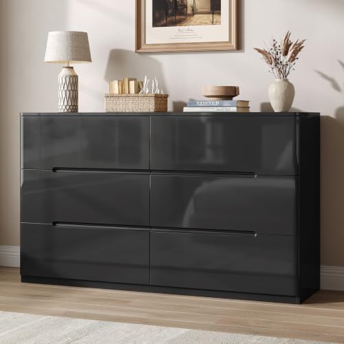 High Gloss Dresser for Bedroom, 47.2" Wide 6 Drawer Dresser, Black | Modern Dresser Chest of Drawers, Handle-less Design, High Gloss Panel, Dresser TV Stand, Wooden Dressers for Bedroom, Closet - color: Black, size: 15.7"D x 47.2"W x 31.5"H (6 Drawers)