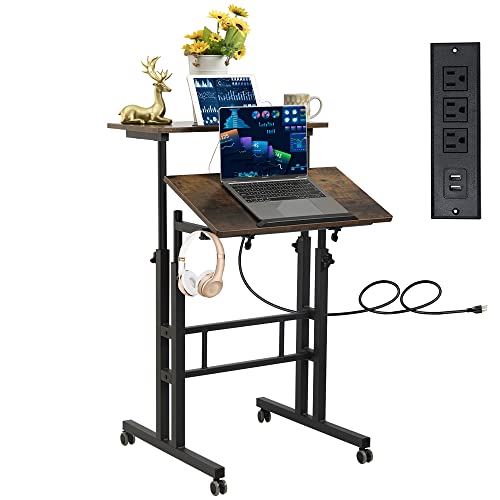 Hadulcet Mobile Standing Desk with Wheels, Rolling Desk Adjustable Height, Portable Laptop Table with Charging Station, Sit Stand up for Home Office, Study, Classroom, Rustic Brown - color: Rustic Brown, size: 23.6" With Charging Station