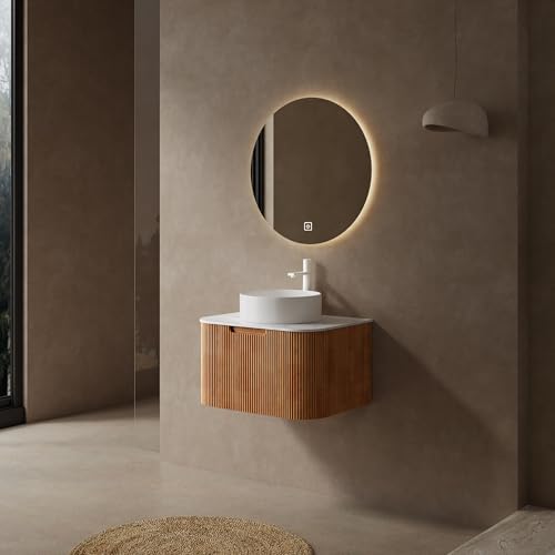 24” Floating Bathroom Vanity with Sink, Fluted Wall-Mounted Solid Wood Cabinet, White Ceramic Round Basin, Faux Marble Top, Soft-Close Drawer, Pre-Assembled, Natural Woodgrain - color: 02 - Natural Woodgrain, size: 24"