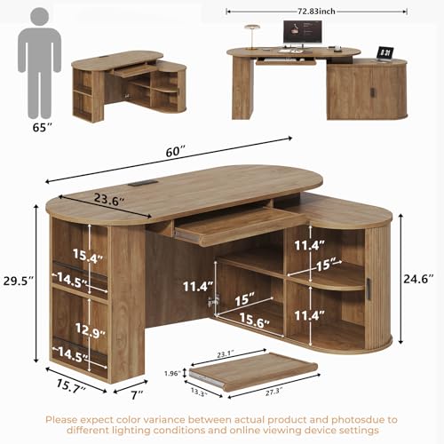 HSH Reversible L Shaped Desk with Storage, Computer Desk with Keyboard Tray | 60" Modern Annual Ring Wood Executive Office Desk, Adjustable Corner Design for Gaming Spaces and Home Workstations - color: Annual Ring Wood