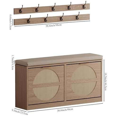 LUMTOK Shoe Storage Bench with 2 Coat Racks & Padded Cushion, Rattan Entryway Bench with 2 Flip Drawers，Narrow Shoes Storage Cabinet with Hooks for Hallway, Living Room, Bedroom