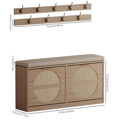 LUMTOK Shoe Storage Bench with 2 Coat Racks & Padded Cushion, Rattan Entryway Bench with 2 Flip Drawers，Narrow Shoes Storage Cabinet with Hooks for Hallway, Living Room, Bedroom