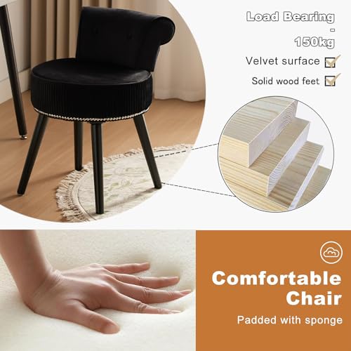 Small Black Vanity Chair with Back, Velvet Vanity Chair | Low Backrest Silvery Nailhead Trim, Round Vanity Seat for Bedroom and Bathroom Makeup, Support 220lbs, Easy Assembly (Black) - color: Black