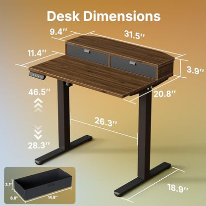 HUANUO 32 x 21 Standing Desk with 2 Drawers, C-Clamp Compatible, Walnut - color: Walnut, size: 32" X 21"