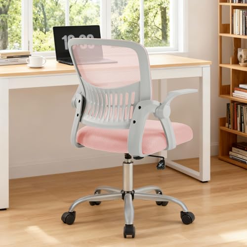 Sweetcrispy Computer Desk Chair, Home Office Chair, Lumbar Support | Flip Up Armrest, Adjustable Height, 360° Swivel Wheels, Ergonomic Mesh Mid-Back, Comfy Arms Bedroom Study - color: Pink, size: 23.22 Inch