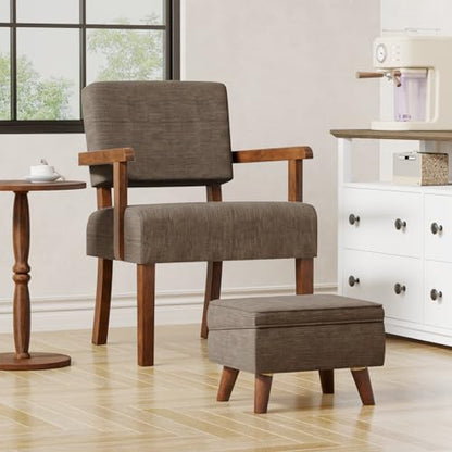 Accent Chairs Set of 2, 2 Solid Wood Armchairs with Side Table | Living Room Chairs with Soft Thicken Cushion, Comfy Reading Chair for Bedroom, Waiting Room, Home Office, Easy Assembly - color: Linen Brown, size: Set of 2 with table