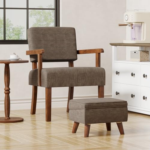 Accent Chairs Set of 2, 2 Solid Wood Armchairs with Side Table | Living Room Chairs with Soft Thicken Cushion, Comfy Reading Chair for Bedroom, Waiting Room, Home Office, Easy Assembly - color: Linen Brown, size: Set of 2 with table