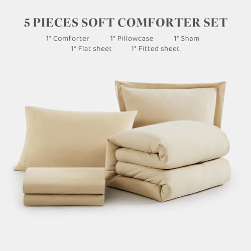 Twin XL Comforter Set- 5 Pieces Beige, All Season Twin XL Bedding Sets with 1 Fitted Sheet, 1 Flat Sheet, 1 Pillow Sham and 1 Pillowcase - color: Beige, size: Twin XL(66"x90")