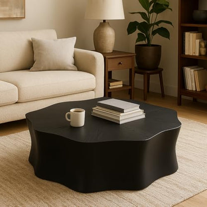 Round Black Marble Coffee Table, Modern Drum Design, Circle FiberglassCoffee Table, End Table for Living Room, Apartment, No Assembly Required (35''Black Flower) - color: 35''black Flower