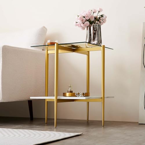 LumFurn Square Glass End Table, Mid-Century Modern Side Table for Living Room, L18xW18xH23inch, Clear Glass and White Marble MDF Wood, Gold Finish Frame - color: L18" Clear & White Marble