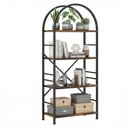 Vongrasig Industrial Arched Bookshelf, 4 Tier Open Bookcase | Sturdy Wood and Metal Display Standing Shelf for Home Office, Living Room, Bedroom, Rustic Brown - color: Rustic Brown