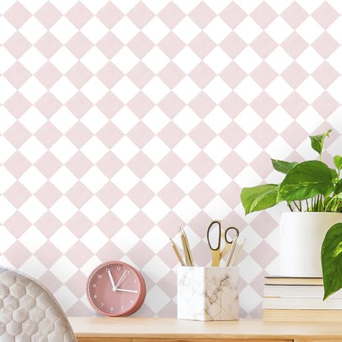Safiyya Pink Wallpaper Geometric Checkered Peel and Stick Wallpaper Self Adhesive Removable Contact Paper Pink Check Wall Paper for Bedroom Nursery Room Cabinet 78.7"x 17.3" - color: Pink, size: 17.3" x 78.7"