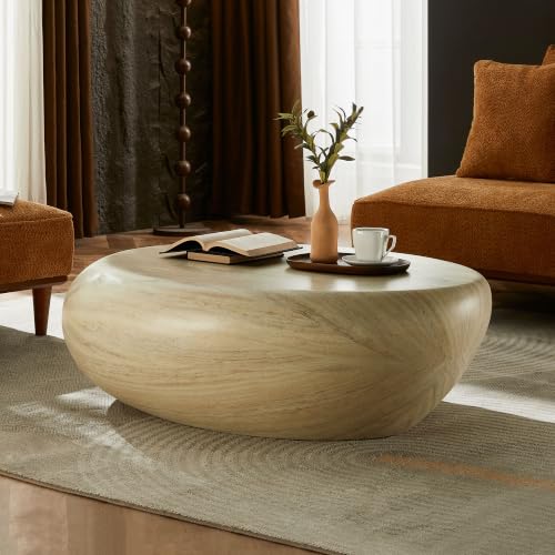43.3" Oval Concrete Coffee Table, Travertine Style Stone Table | Modern Faux Stone Center Table, Accent Tea Table for Living Room, Drum Fiberglass Coffee Table, No Need Assembly - color: A-43.3" Mars Pattern