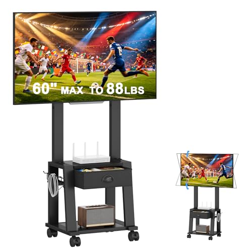 Rolling TV Stand with Storage for 23-60 Inch TVs up to 88 lbs, Height Adjustable Tilt Mobile TV Mount Cart with Drawer & 2 Shelves, Space-Saving Corner Design for Bedroom Living Room, VESA 400x400mm - size: 1 Drawers