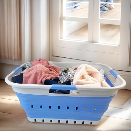 SAMMART 42L (11 gallon) Collapsible Plastic Laundry Basket - Foldable Pop Up Storage Container/Organizer - Space Saving Hamper/Basket (1, Grey/Little Boy Blue) - color: Grey/Little Boy Blue