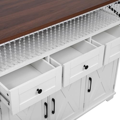 46.5'' Farmhouse Kitchen Island with Charging Station, Drop Leaf & Bead Drape - Mobile Rolling Cart, Ample Storage, Rustic Wood Grain Countertop for Compact Spaces (White+Brown) - color: White+brown)
