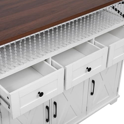 46.5'' Farmhouse Kitchen Island with Charging Station, Drop Leaf & Bead Drape - Mobile Rolling Cart, Ample Storage, Rustic Wood Grain Countertop for Compact Spaces (White+Brown) - color: White+brown)