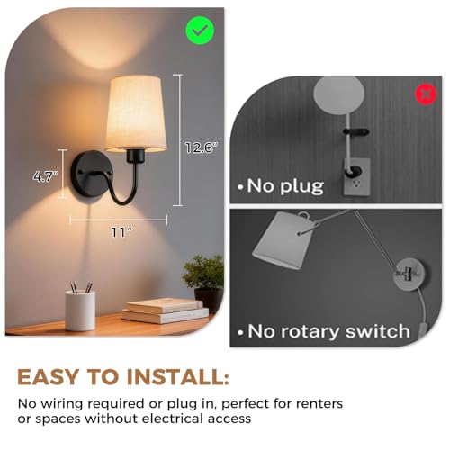 Battery Operated Wall Sconce Set of 2, Rechargeable Wall Sconces with 10000mAh Dimming Magnetic Bulb, Wireless Battery Powered Wall Lights with Pleated for Bedroom Living Room Gallery Hallway,Black - color: Black01-white