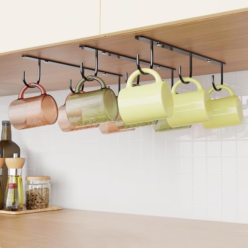 3 Pack Mug Hooks Under Cabinet with 9 Hooks for Displaying Mugs, Black | Coffee Mug Holder for Hanging Under Shelf, Cup Hanger, Coffee Cups and Kitchen Utensils - color: Black
