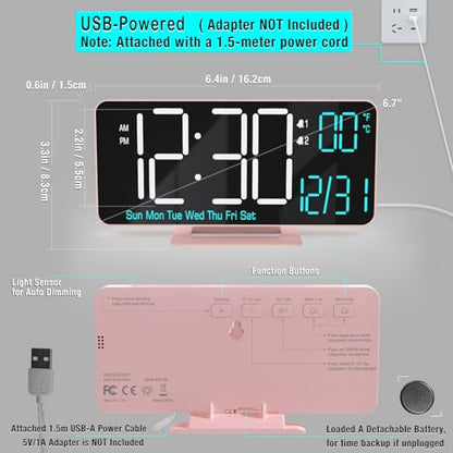 Clock for Bedroom, 6.7in Digital Alarm Clock, Auto Dimming, Room Temperature, Day of The Week, Seconds, Date, Alarm Clocks for Bedrooms, Digital Clocks for Living Room - color: Pink (White + Blue Digits)