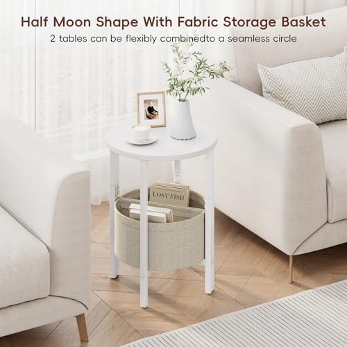 Side Table, Small Round End Table, Tall Accent Table with Storage Basket, Set of 2 Half Round Coffee Tables Half Moon Tables, Bedside Table, Modern Nightstand for Living Room Bedroom, White - color: White