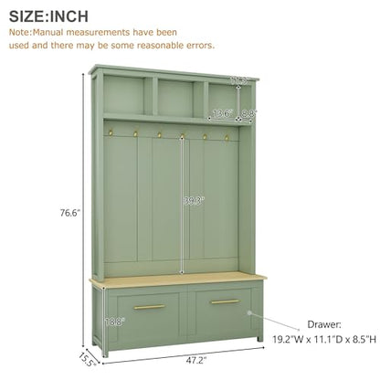 JIVOIT 4-in-1 Entryway Hall Tree with Brown Wood Grain Storage Bench, Wood Entryway Coat Hanger Hall Tree with 6 Golden Hooks, 2 Drawers, Coat Rack for Living Room, Hallway - color: Mint Green/31