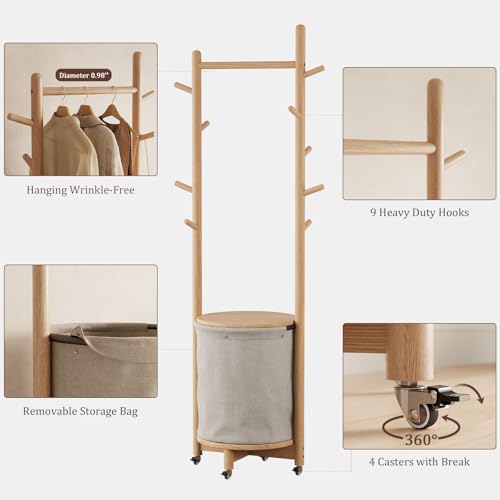 CycleCrew Solid Wood Coat Rack with Fabric Basket - Freestanding Coat Rack Rolling Coat Tree with 9 Hooks Wheels, Small Clothes Rack For Entryway Bedroom Hallway Living Room - color: Natural