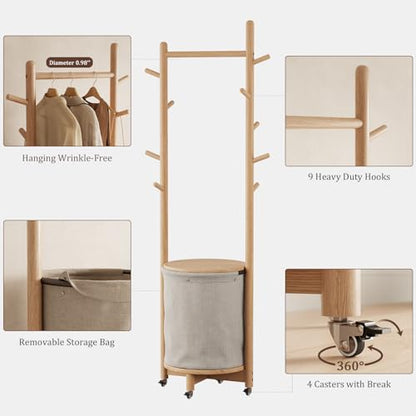 CycleCrew Solid Wood Coat Rack with Fabric Basket - Freestanding Coat Rack Rolling Coat Tree with 9 Hooks Wheels, Small Clothes Rack For Entryway Bedroom Hallway Living Room - color: Natural