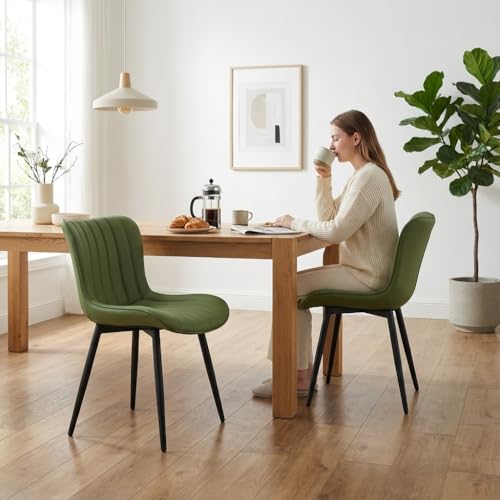 YOUNUOKE Dining Chairs Set of 2 Mid-Century Modern Kitchen Chair Green | Faux leather upholstered with Back, fits dining living waiting room guest reception. Waterproof easy to clean assemble, 300lb - color: Olive Green