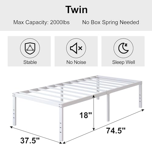 DiaOutro 18 Inch White Twin Bed Frame Heavy Duty Metal Platform | Steel Slats Platform No Box Spring Needed Mattress Foundation, Easy Assembly, Noise Free - size: Twin, style: 18 Inch (White)