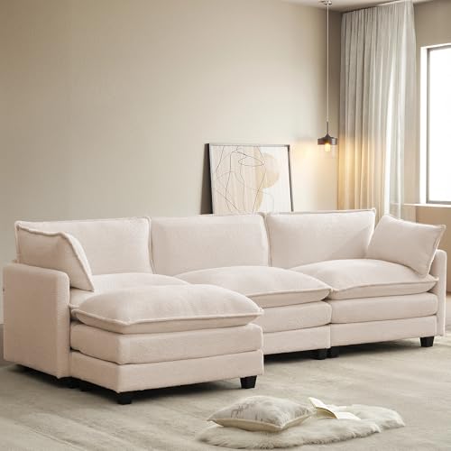ROWHY 112'' Modular Sectional Cloud Couch with Movable Ottoman, 4 Seat Modern Chenille Sofa, Deep Seat L Shaped Couch for Living Room Bedroom Apartment,Cream White - color: Cream White, size: 112''