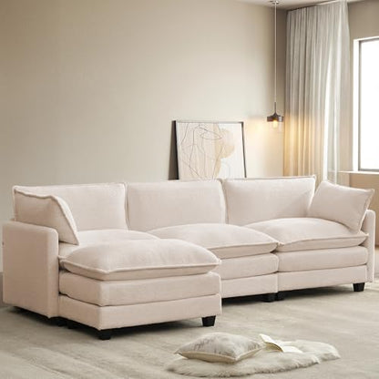 ROWHY 112'' Modular Sectional Cloud Couch with Movable Ottoman, 4 Seat Modern Chenille Sofa, Deep Seat L Shaped Couch for Living Room Bedroom Apartment,Cream White - color: Cream White, size: 112''