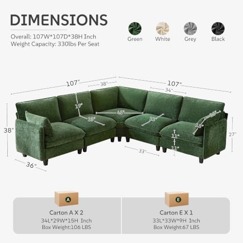 Ihanherry 107" Oversized V-Shaped Modular Sectional Sofa, Cloud Couch with Corner Section, Large Cushions, Chenille Deep Seat Couch for Living Room, Green - color: Green, size: 107” 5 Seat V Sofa