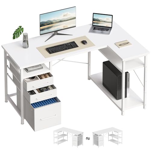 L Shaped Desk with Drawers, Office Desk with Storage Shelves, White | 47in Desktop, Sturdy Metal Frame, Adjustable Pads, Corner Desk, Computer & Writing Desk, Compact Gaming Workstation - color: White, size: 47Inches