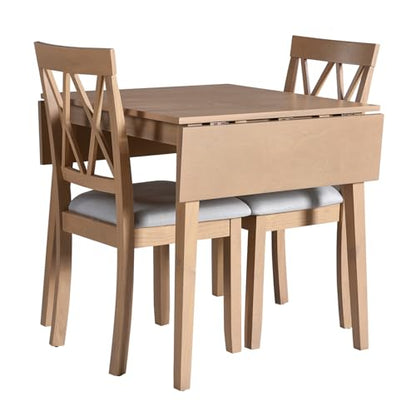 3Pcs Dining Set with Drop Leaf Dining Table and 2 X-Back Chairs, Solid Wood Kitchen Table Set for Small Place, Natural+Grey - color: Natural+grey