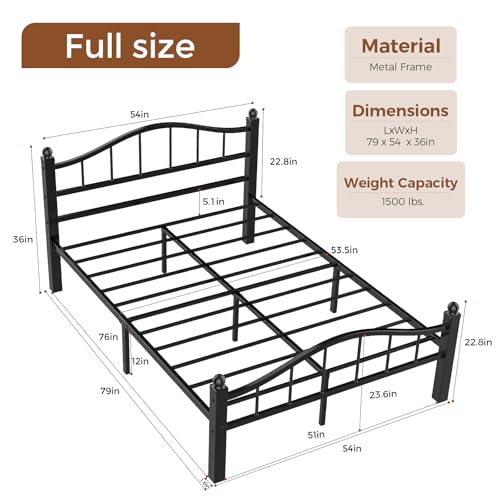 Full Size Bed Frames with Headboard | Noise-Free Design, 12" Underbed Storage, 1500 LBS Heavy Duty Metal, No Box Spring Needed, Tool-Free Assembly - color: Full Black