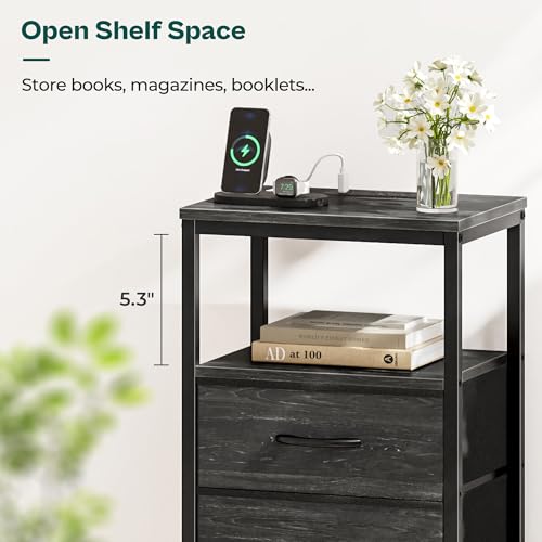 Huuger Nightstand with Charging Station, 27.6 Inch Bedside Table,Side Table | Night Stand with Fabric Drawers, End Table, Night Stand with Charger Station, Charcoal Black Wood Grain Print - color: Charcoal Black Wood Grain Print, size: 11.8"D x 15.7"W x 2