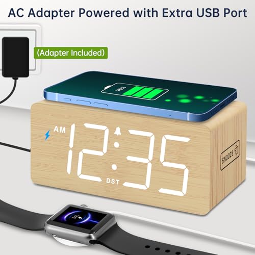 DreamSky Wooden Digital Alarm Clock with Wireless Charging for Bedroom | Bedside Nightstand Clock with Charger Station, USB Port, Large Numbers, Adjustable Volume, Brightness Dimmer, DST - color: Bamboo