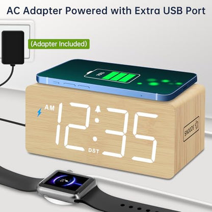 DreamSky Wooden Digital Alarm Clock with Wireless Charging for Bedroom | Bedside Nightstand Clock with Charger Station, USB Port, Large Numbers, Adjustable Volume, Brightness Dimmer, DST - color: Bamboo